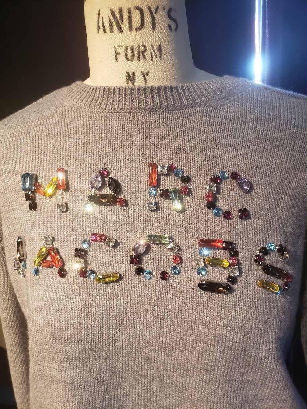 Marc Jacobs 100% Wool Super Soft Gray Swarovski Crystals Crew Neck Sweater L